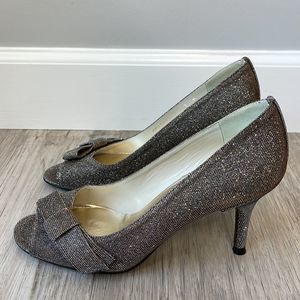 Stuart Weitzman Bow Peep Toe Silver Heels - Worn Once